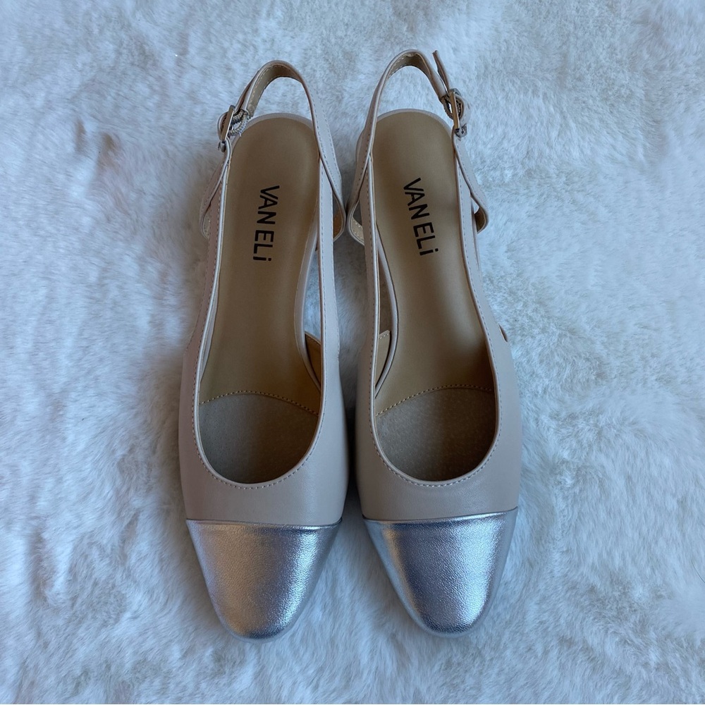NEW Vaneli Aliz Metallic Silver Cap Toe and Beige Slingback Heels | 6